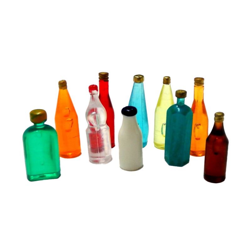 Dolls House 10 Mixed Coloured Bottles A Kitchen Pub Shop Accessory