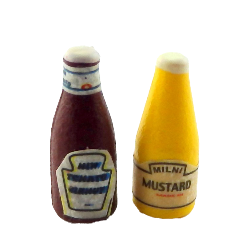 Dolls House Tomato Ketchup & Mustard Bottles Miniature Kitchen Cafe Accessory