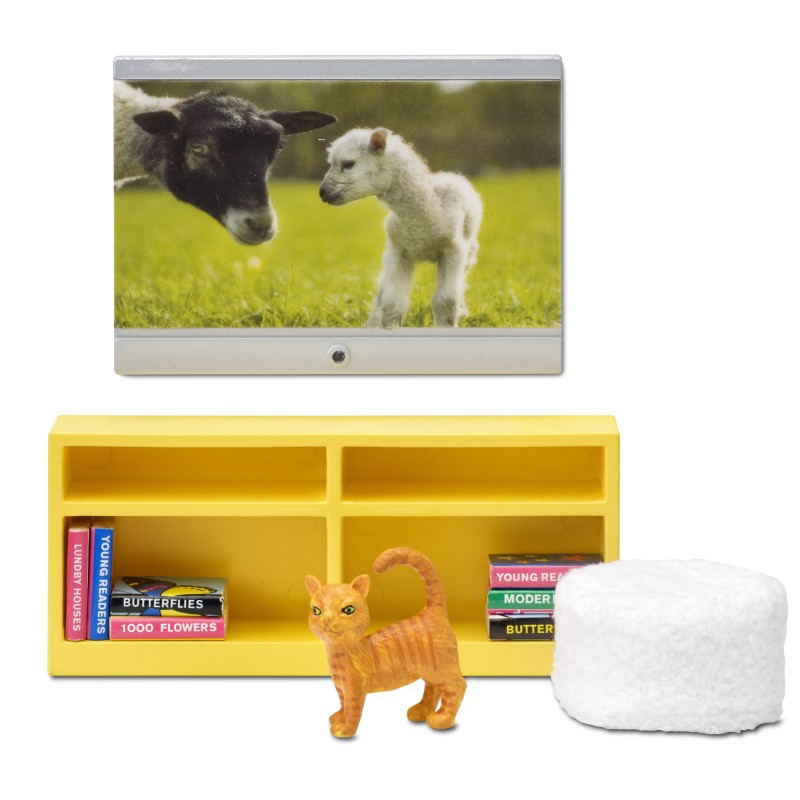 Lundby Smaland 1:18 Dolls House TV Bookcase Pouffe Accessory Set