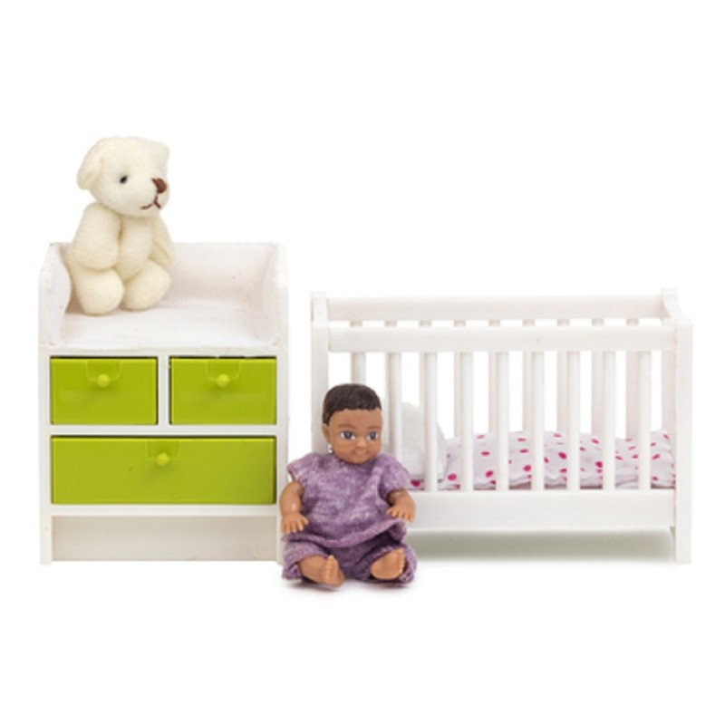Dolls House Lundby Nursery Baby Furniture Cot Changing Table Set