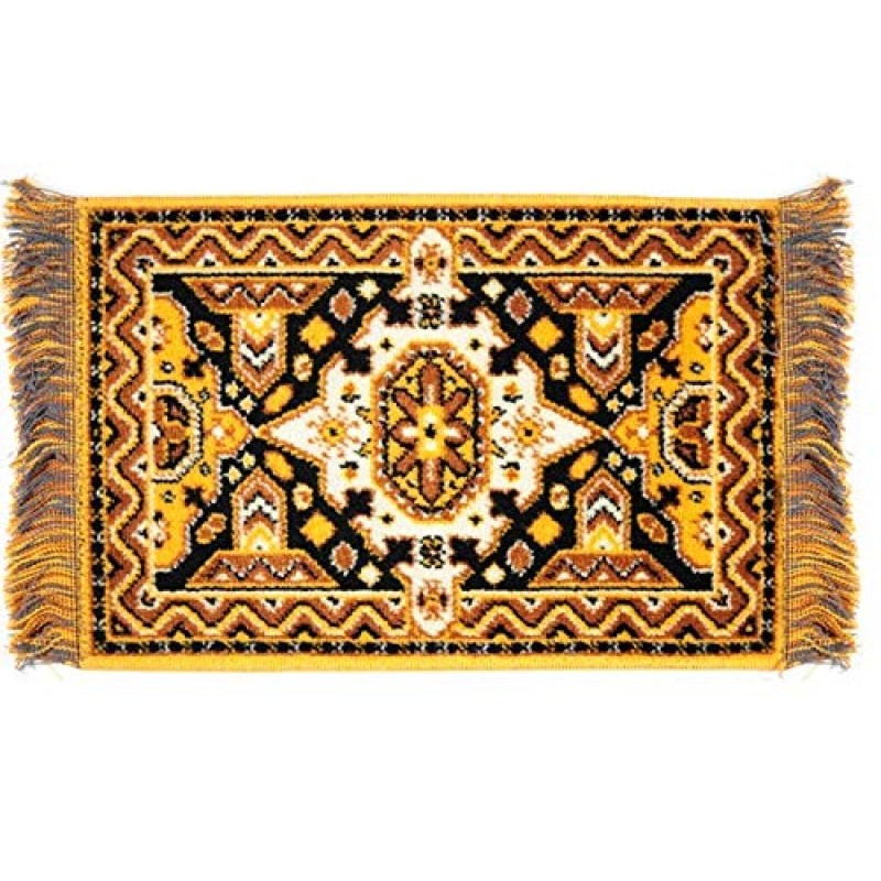 Dolls House Yellow Patterned Soumak Fringed Rug Miniature Flooring Accessory 