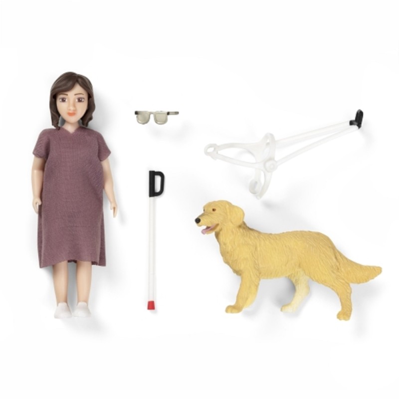 Lundby Dolls House Women with Glasses, Cane and Guide Dog Modern People 1:18