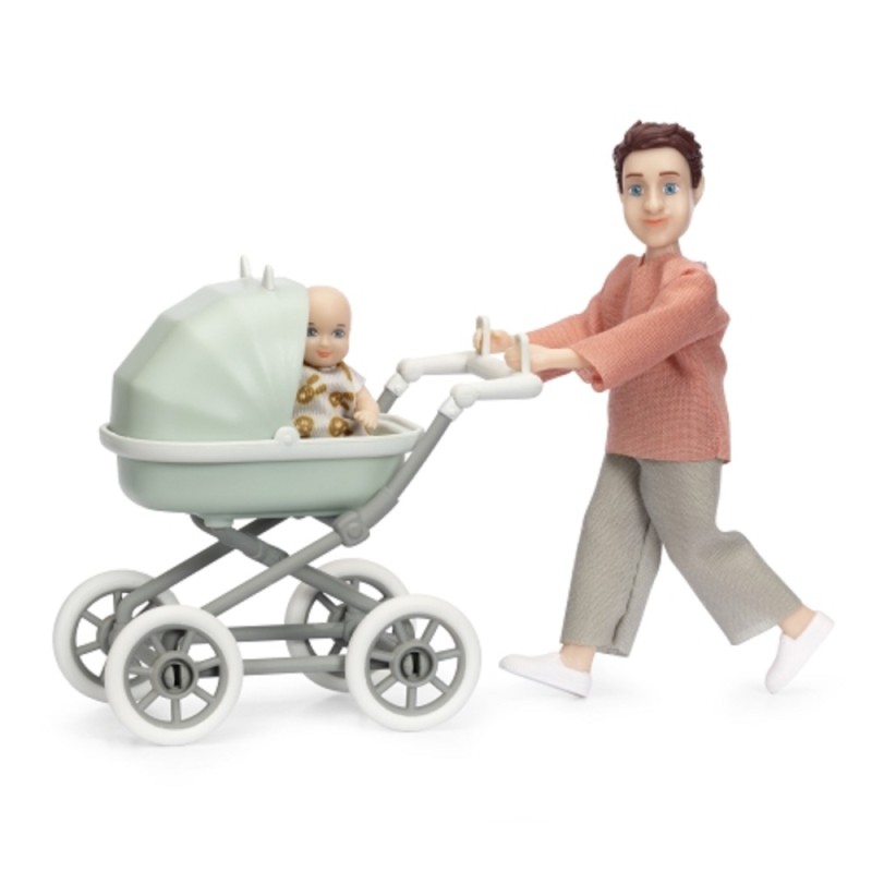 Lundby Dolls House Dad Father with Baby & Pram Modern People 1:18 Scale