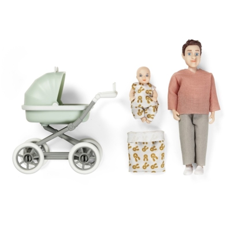 Lundby Dolls House Dad Father with Baby & Pram Modern People 1:18 Scale
