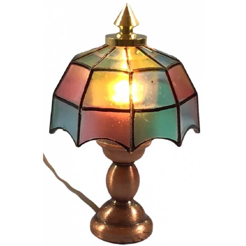 Dolls House Bronze Table Lamp Coloured Tiffany Shade 12V Electric Lighting