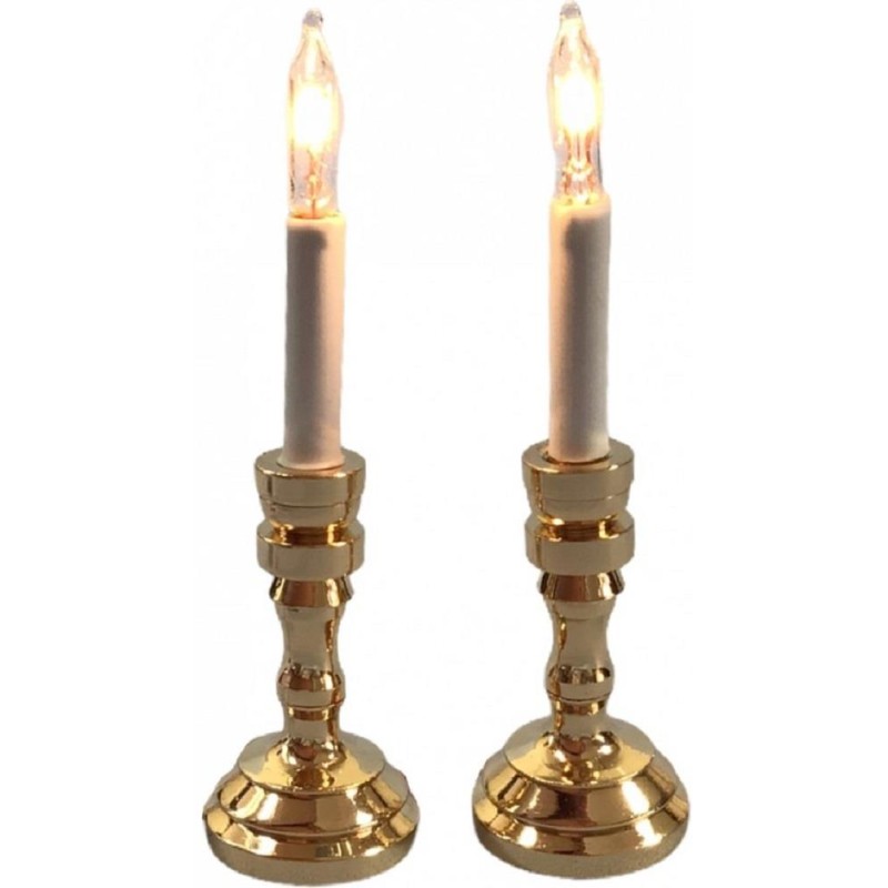 Dolls House Pair of Gold Candlesticks Table Lamps Miniature 12V Electric Lighting