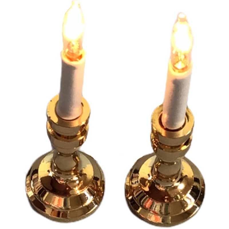 Dolls House Pair of Gold Candlesticks Table Lamps Miniature 12V Electric Lighting