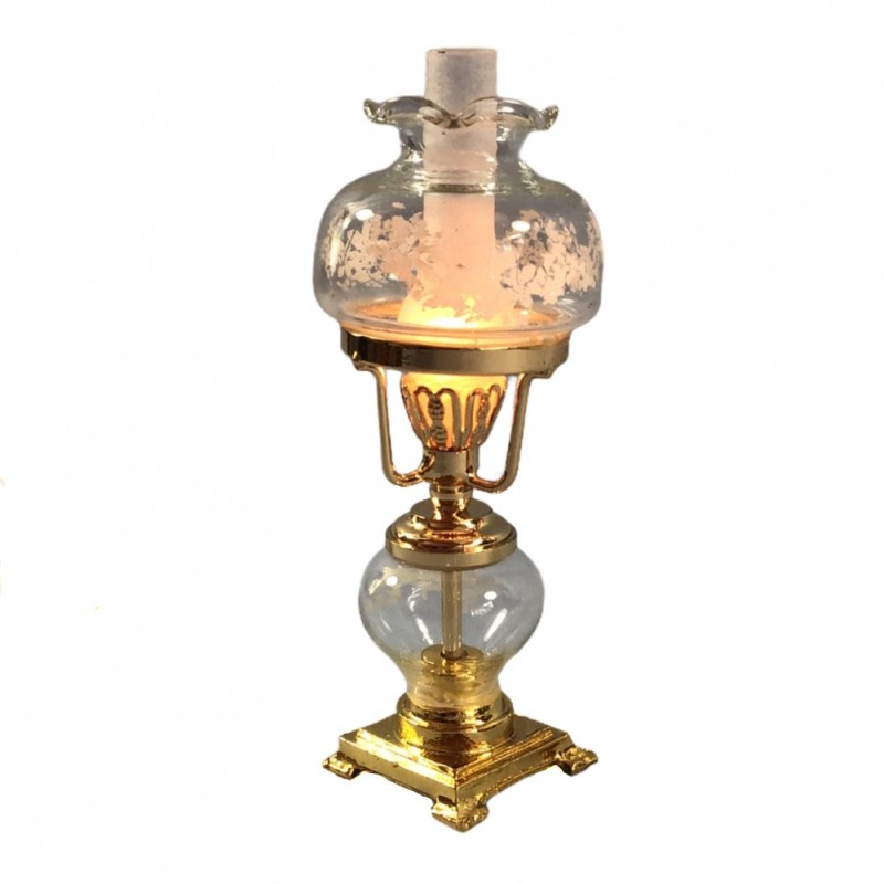Dolls House Fancy Victorian Oil Lamp Gold Etched Glass Shade Electric Lighting