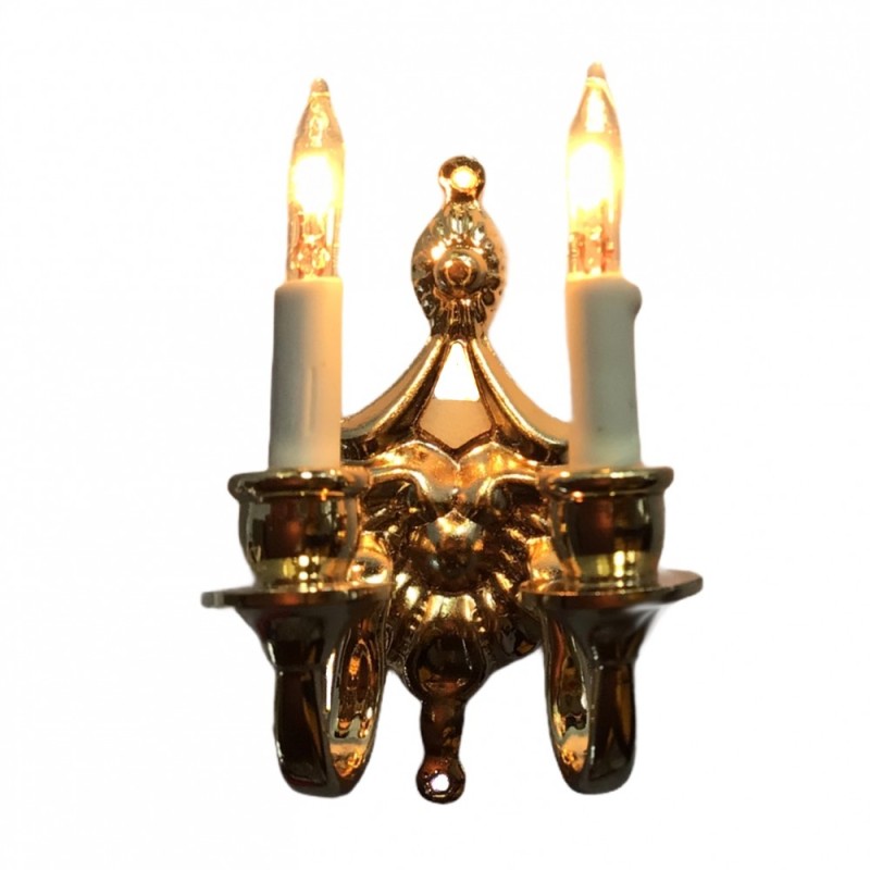 Dolls House Fancy Victorian Double Candle Wall Sconce Gold 12V Electric Light