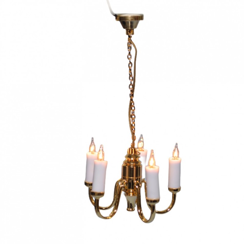 Dolls House Gold 5 Arm Candle Chandelier 12V Electric Lighting