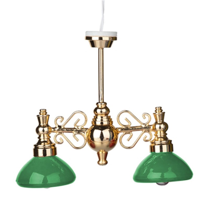 Dolls House Double Billiard Light Brass with Green Shades 12V Electric Lighting