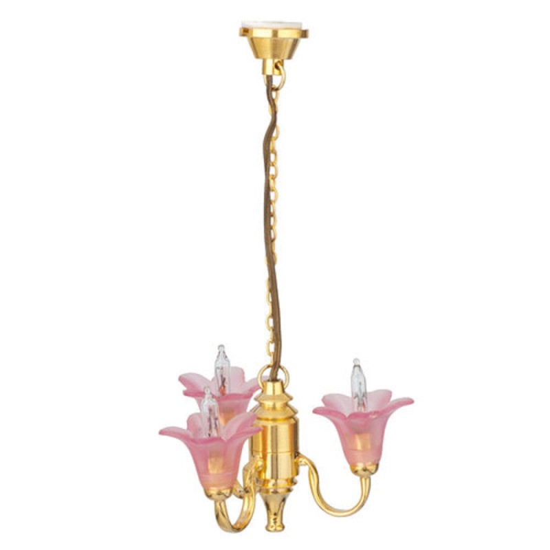 Dolls House 3 Arm Chandelier Cranberry Pink Shades Up Miniature Electric Light 