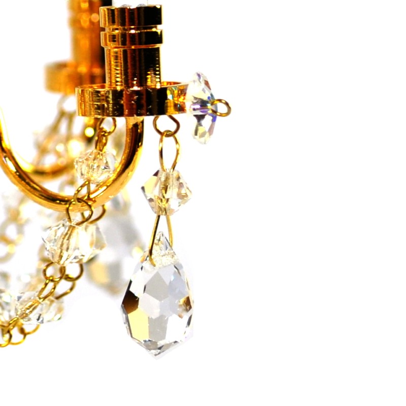 Dolls House Real Crystal 6 Arm Chandelier Gold Finish Miniature Light Accessory