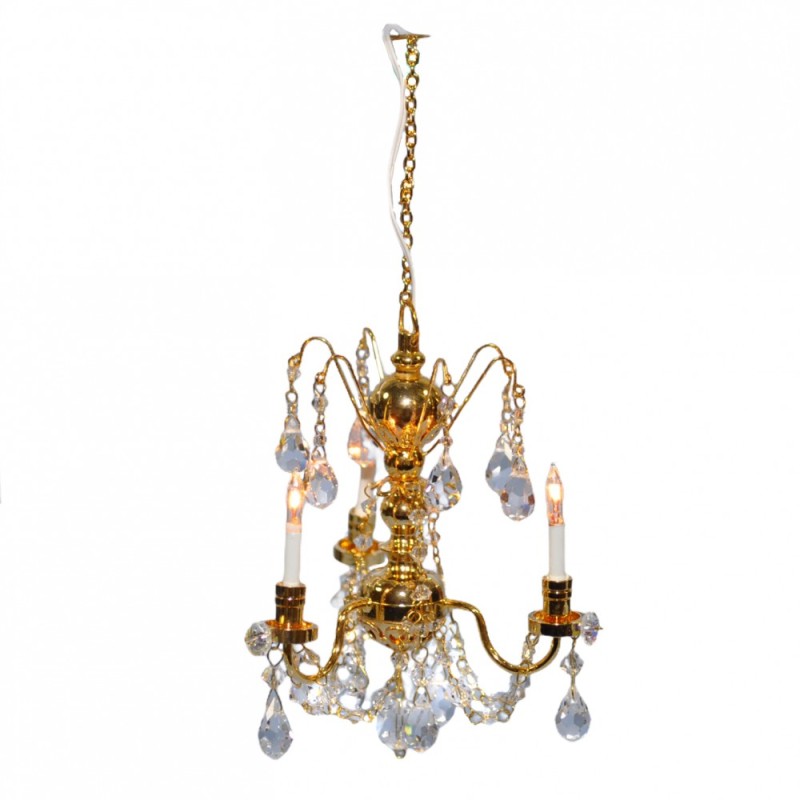 Dolls House Real Crystal Chandelier 3 Arm Gold Finish Miniature 12V Lighting