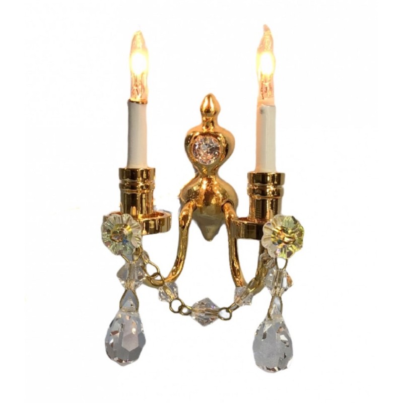 Dolls House Real Crystal Double Candle Wall Sconce Gold Lamp 12V Electric Light