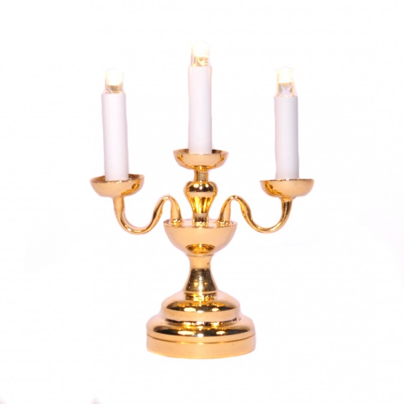 Dolls House 3 Arm Candestick Brass Candelabra Gold Table Lamp LED Battery Light