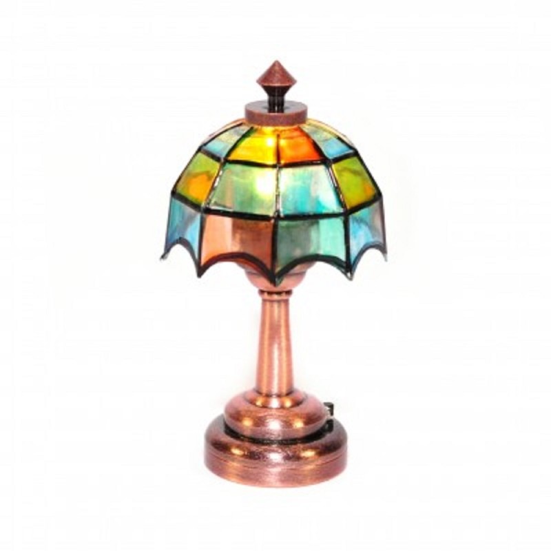 Dolls House Bronze Table Lamp Multi Coloured Shade LED Battery Light