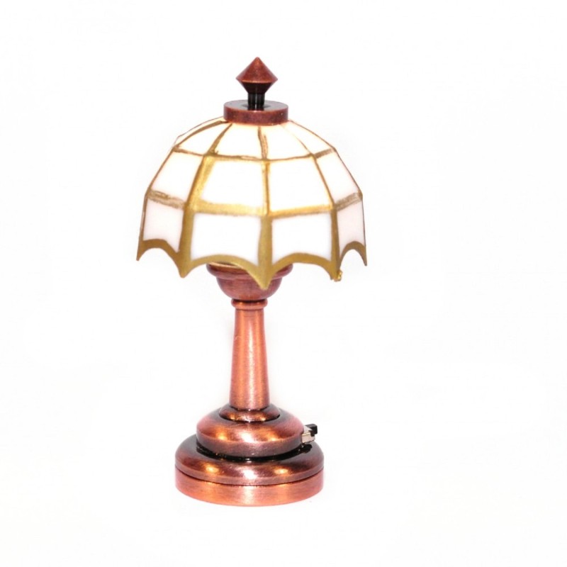 Dolls House Copper Table Lamp White & Gold Tiffany Shade LED Battery Lighting