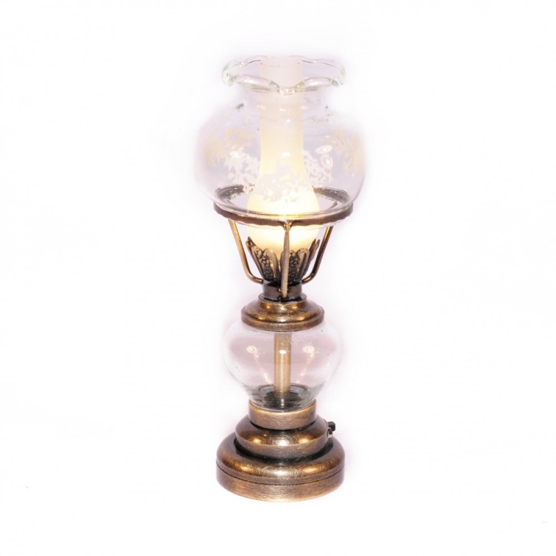 Dolls House Antique Brass Oil Lamp Fancy Glass Shade LED Battery Lighting