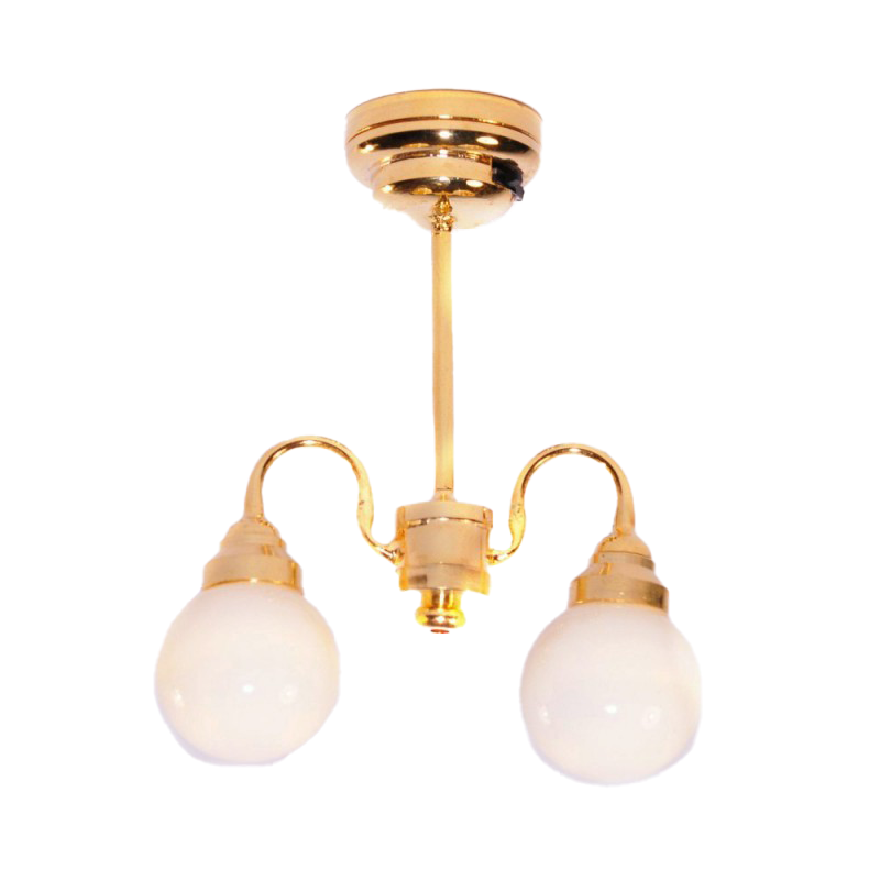 Dolls House Brass Double Ceiling Light White Globe Shades LED Battery Lighting