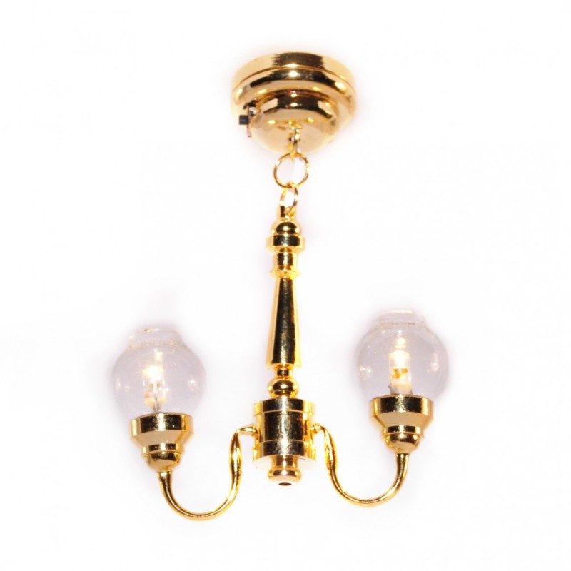 Dolls House Brass Double Ceiling Light Clear Glass Globe Shades LED Lighting