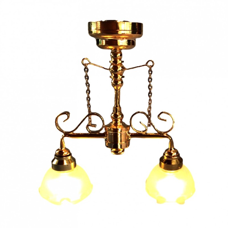 Dolls House Brass Double Ceiling Light Frosted Pie Crust Shades LED Lighting