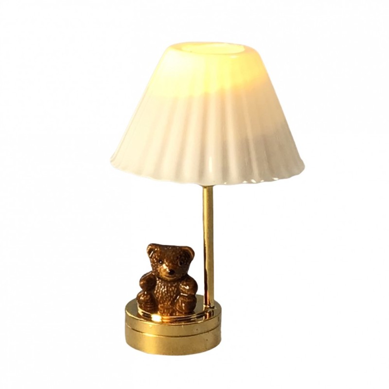 Dolls House Teddy Bear Nursery Table Lamp White Shade Brass LED Battery Lighting