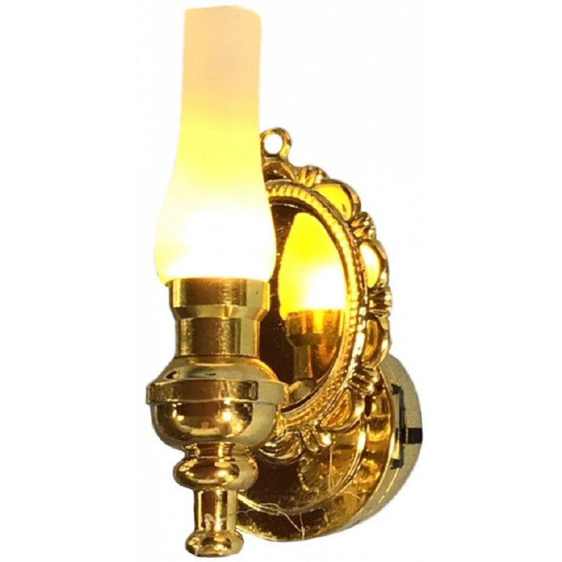 Dolls House Brass Oil Lamp Wall Light & Ornate Back Plate LED Battery Lighting