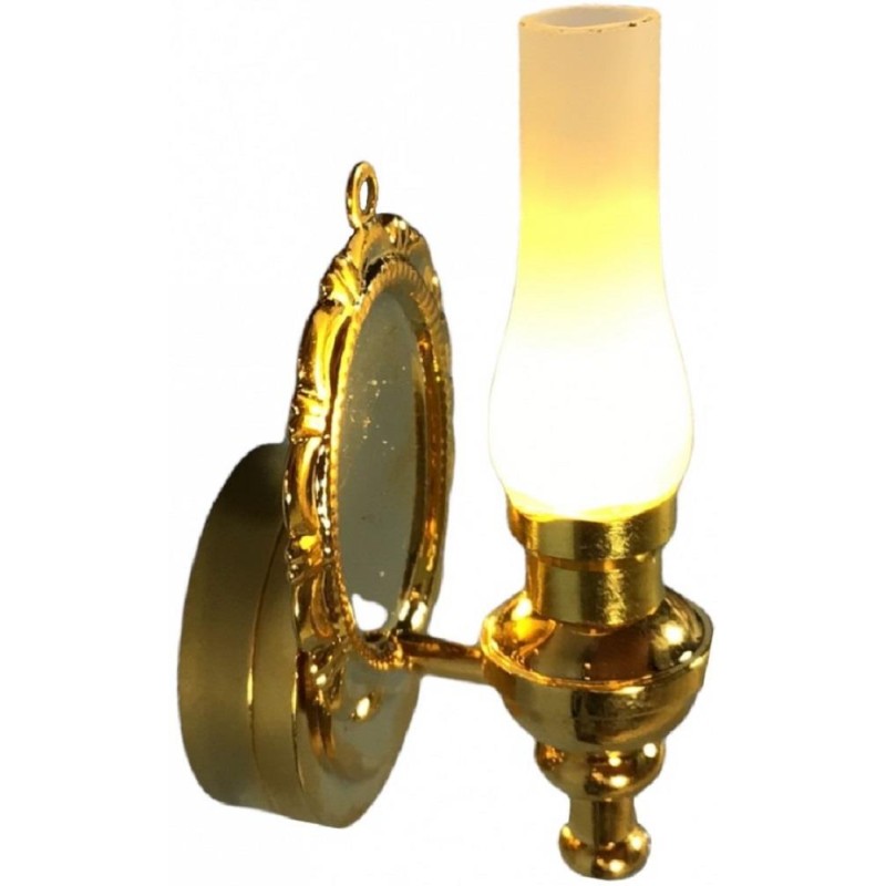 Dolls House Brass Oil Lamp Wall Light & Ornate Back Plate LED Battery Lighting