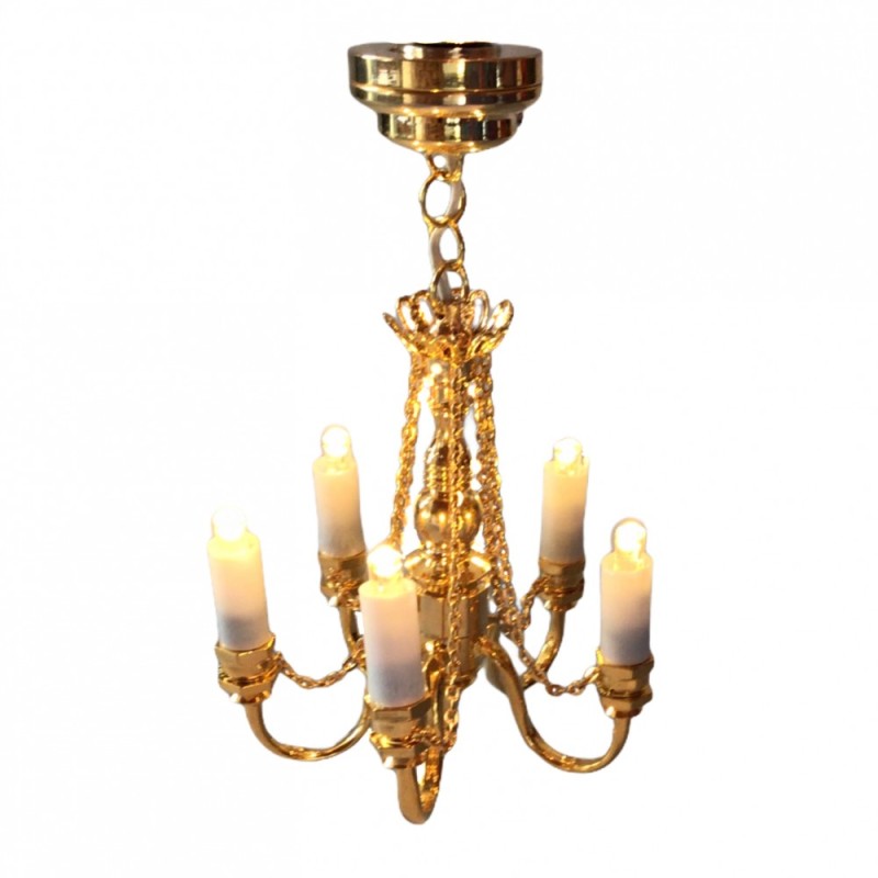 Dolls House Brass 5 Arm Candle Chandelier with Chains Miniature LED Lighting
