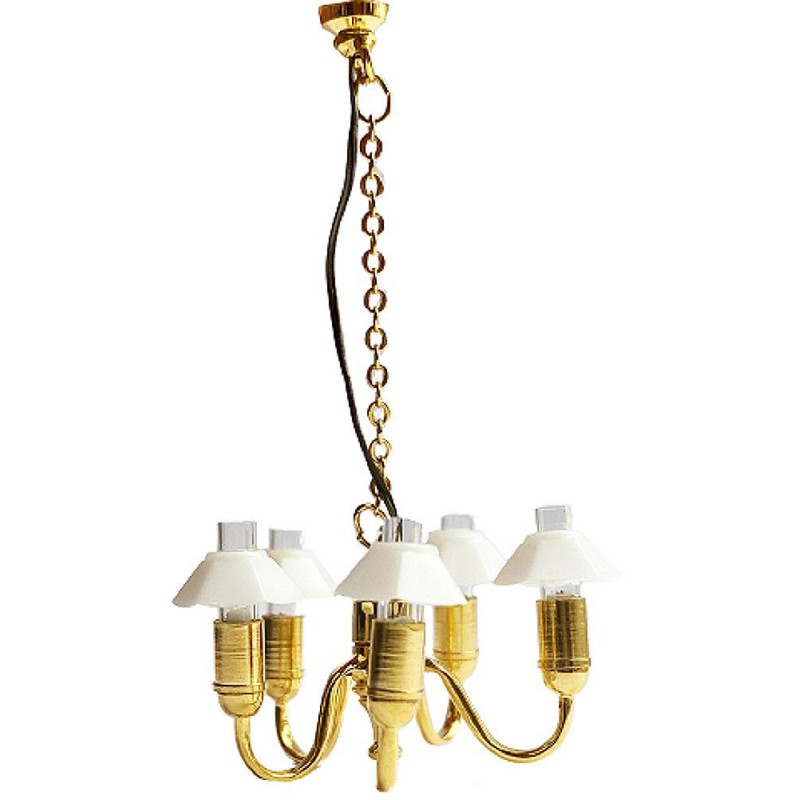 Dolls House 5 Arm Chandelier Coolie Shade UP Lights 1:24 Half Inch Scale Electric Dolls House 5 Arm Chandelier Coolie Shade UP Lights 1:24 Half Inch Scale Electric