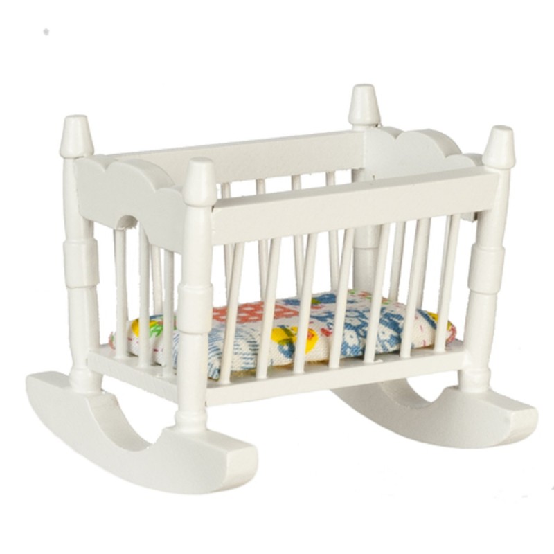 Dolls House White Wood Rocking Cradle Crib Cot Miniature Nursery Furniture 