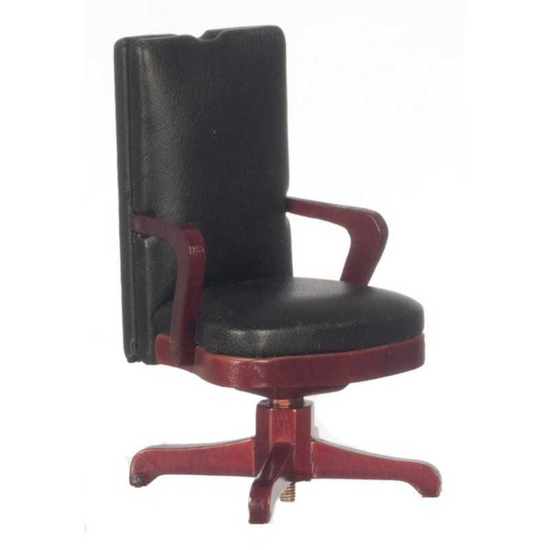 Dolls House Mahogany Black Leather Swivel Desk Chair Office Study Furniture