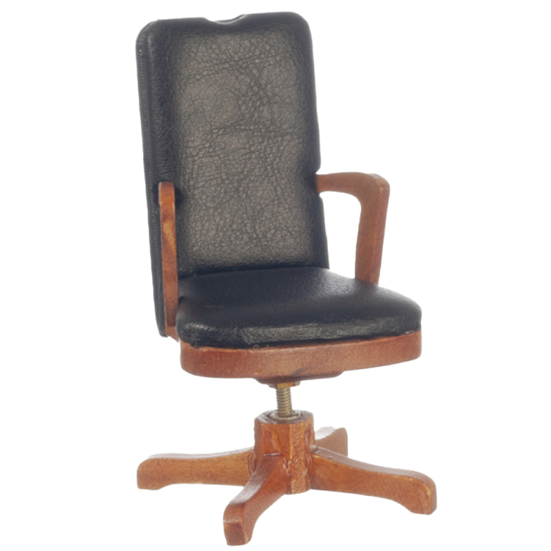 Dolls House Walnut Black Leather Swivel Desk Chair 1:12 Office Study Furniture