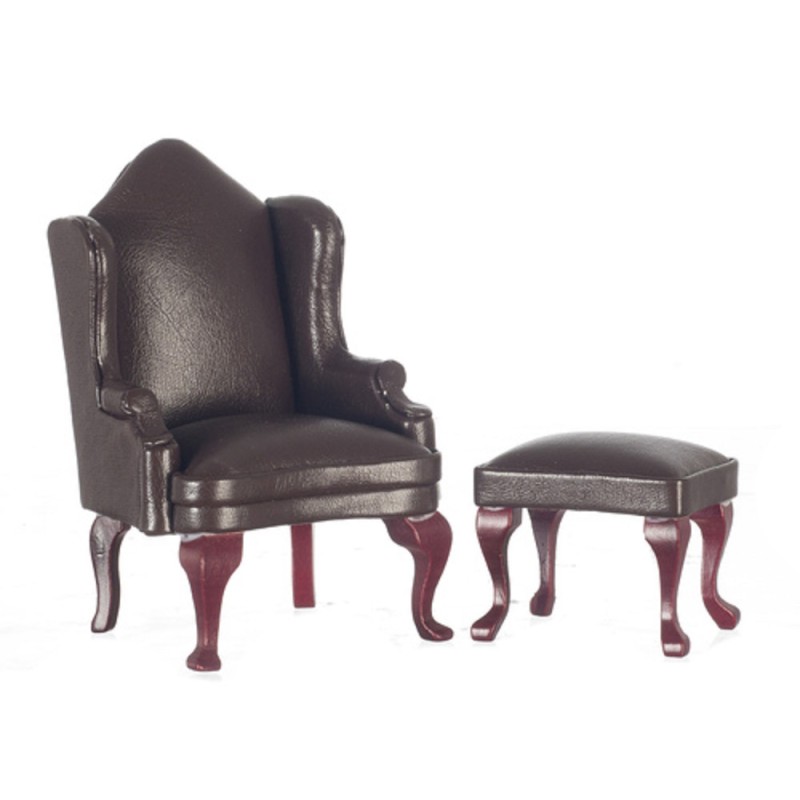 Dolls House Brown Leather Wing Armchair & Footstool Living Room Furniture