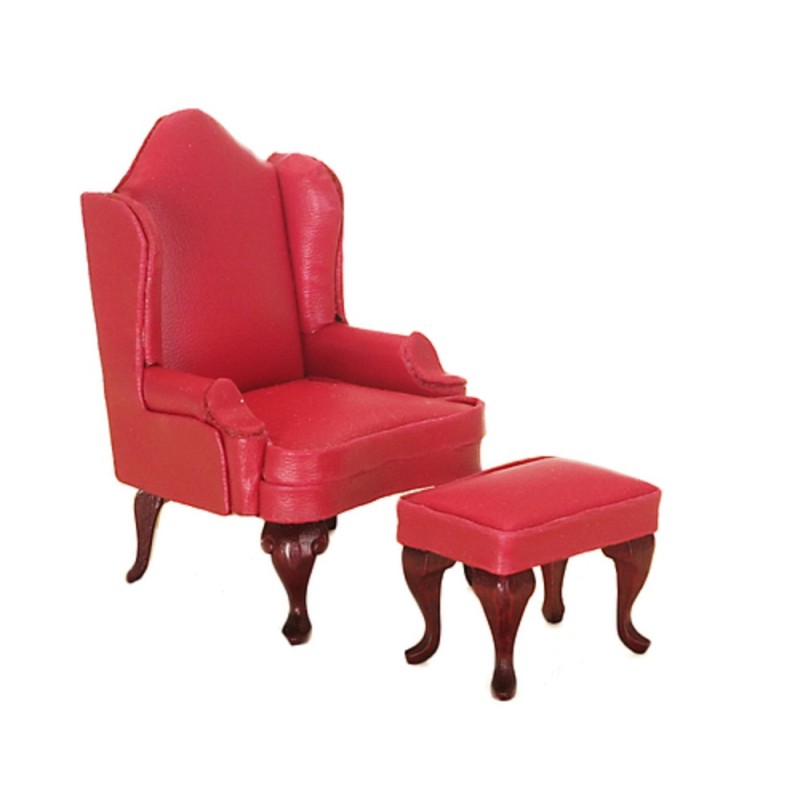 Dolls House Red Leather Wing Back Armchair & Footstool Living Room Furniture