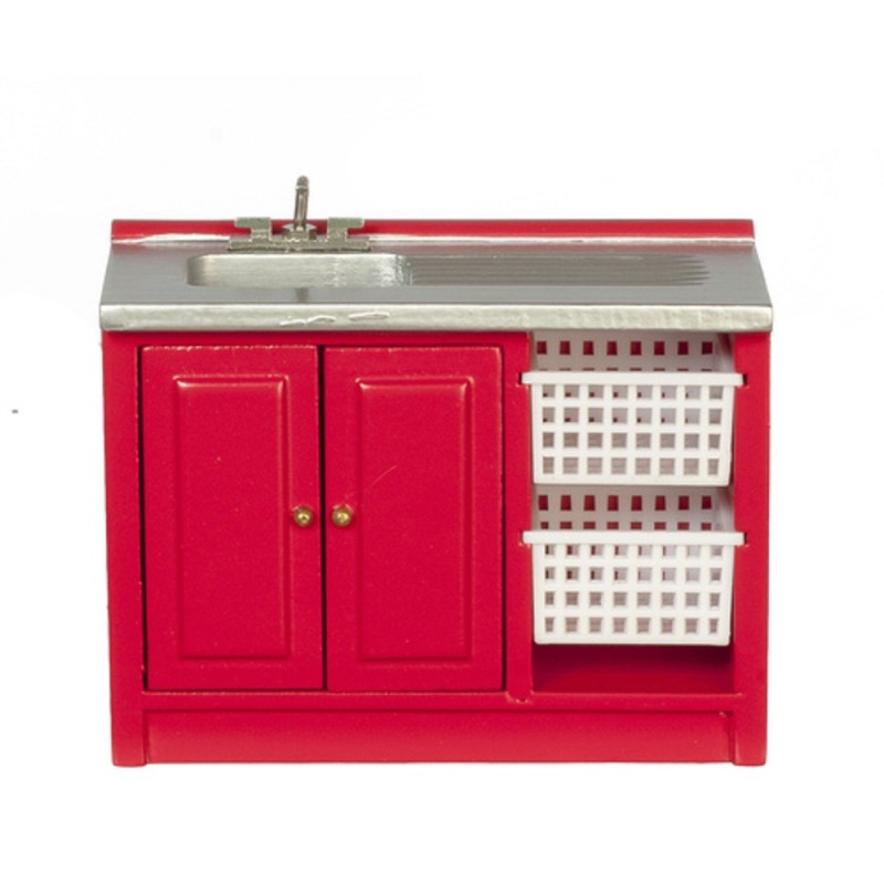 Dolls House Red Laundry Sink Unit & Baskets Miniature 1:12 Kitchen Furniture 