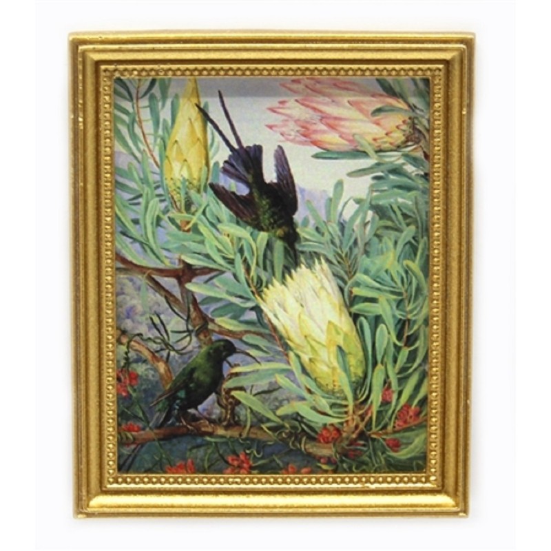 Dolls House Hummingbirds Picture Painting in Gold Frame Miniature Accessory 1:12