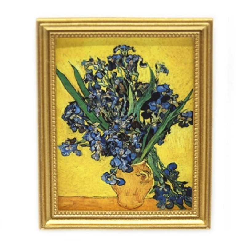 Dolls House Blue Irises in Vase Picture Painting Gold Frame Miniature Accessory