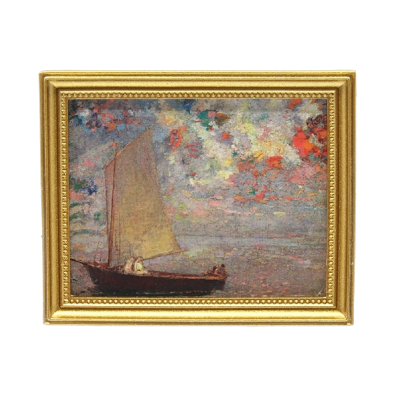 Dolls House Morning Light Picture Boat Painting Gold Frame Miniature Accessory