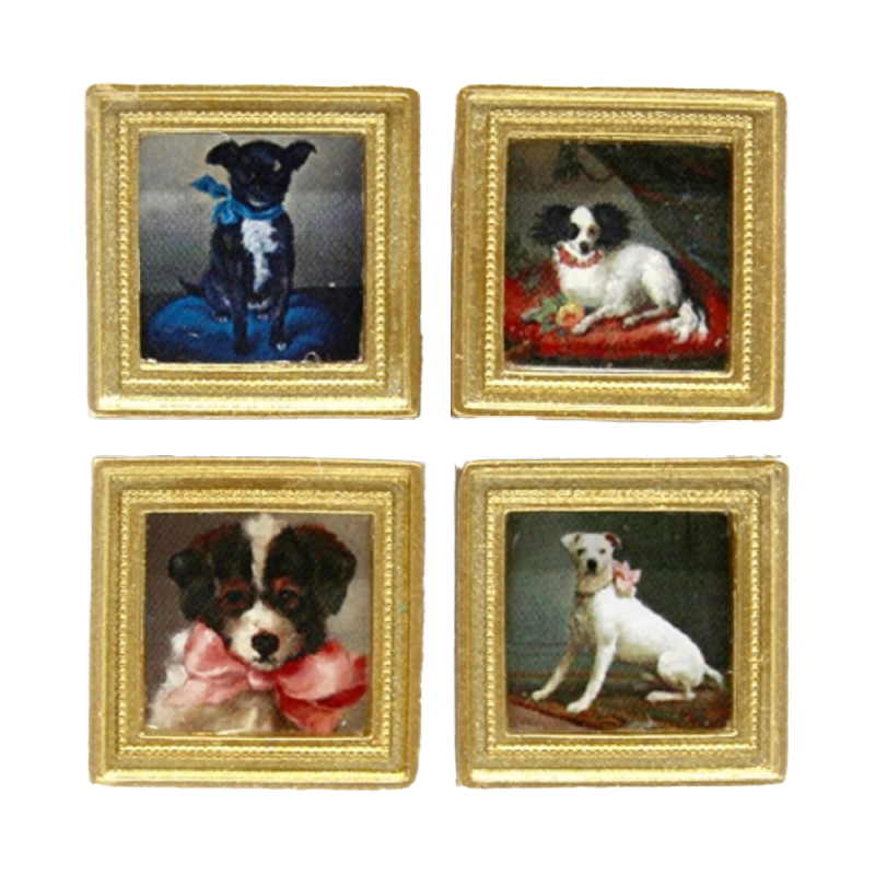 Dolls House 4 19th Century Dog Pictures Paintings Gold Frame Miniature Accessory