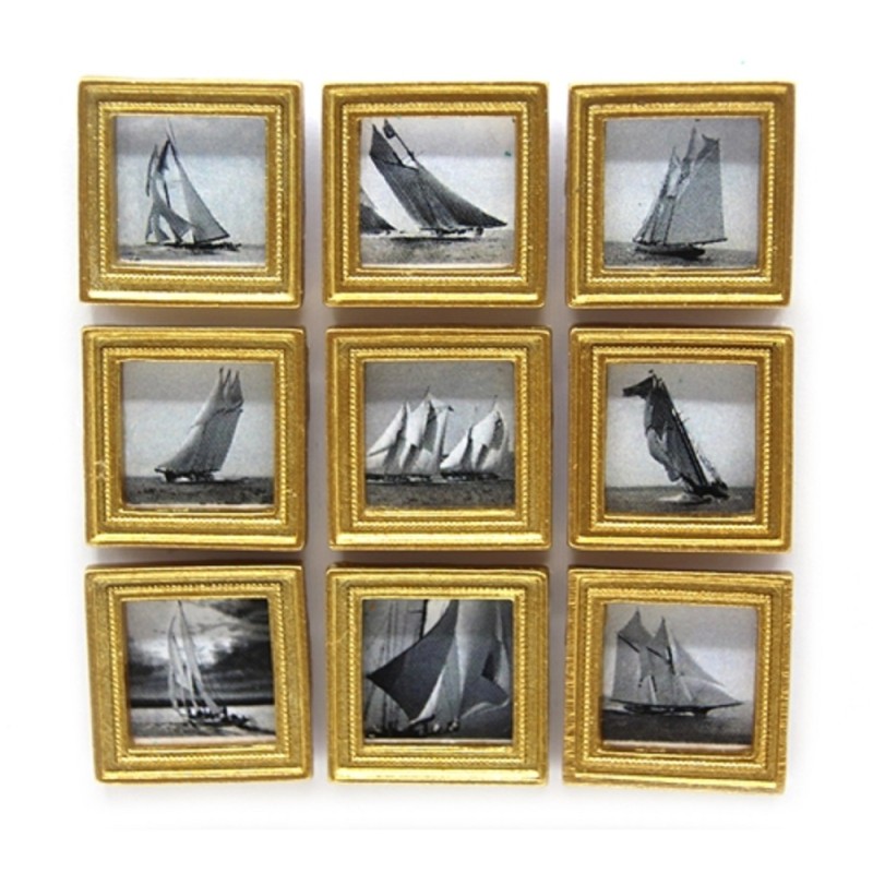 Dolls House 9 Vintage Yacht Pictures Paintings in Gold Frame Miniature Accessory