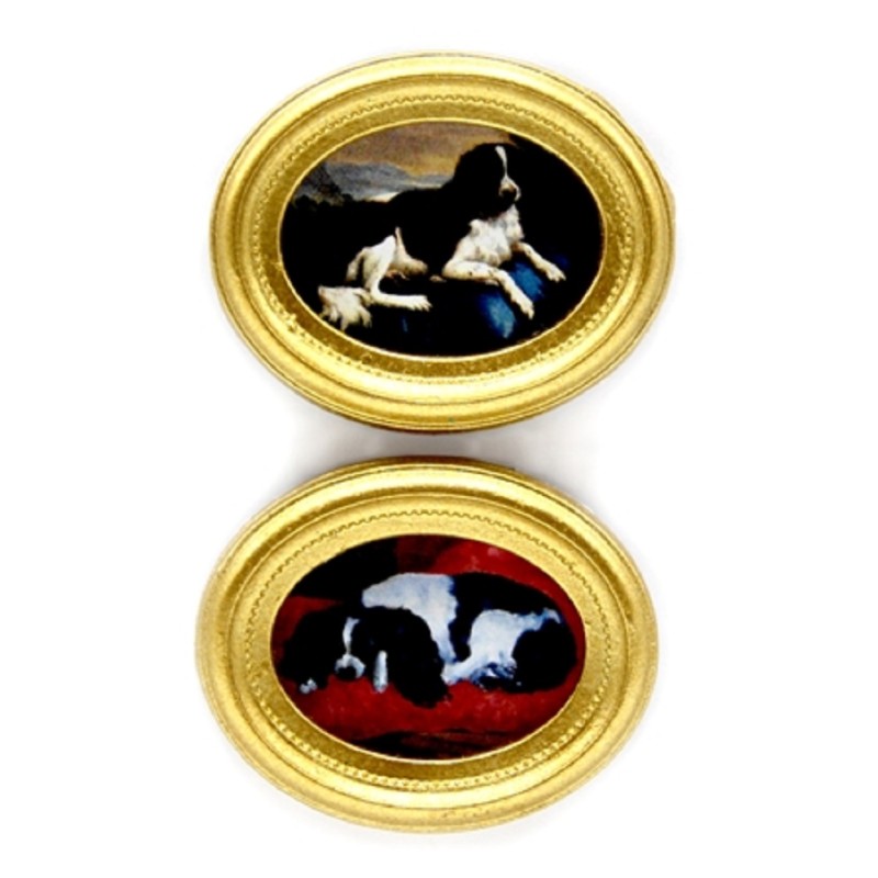 Dolls House 2 Dog Paintings Pictures in Oval Gold Frames Miniature Accessory