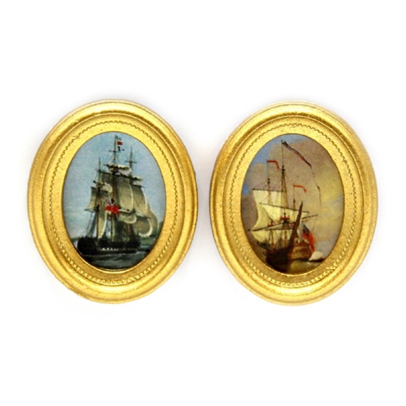 Dolls House 2 Naval Ship Paintings Pictures Oval Gold Frames Miniature Accessory
