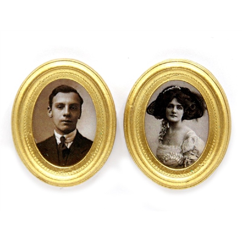 Dolls House 2 Edwardian Portrait Pictures in Gold Frames Miniature Accessory