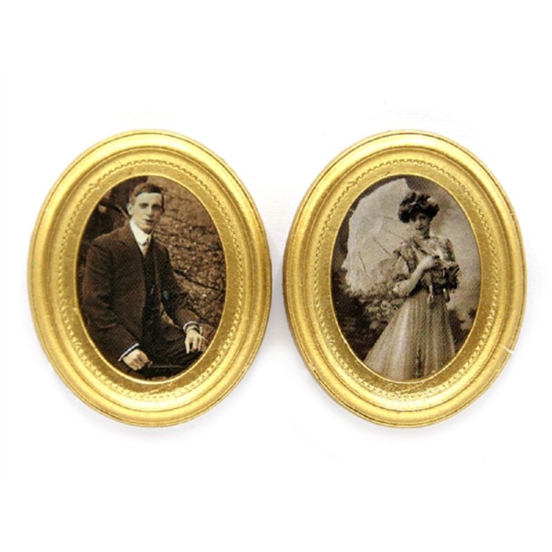 Dolls House 2 Victorian Portrait Pictures in Gold Frames Miniature Accessory