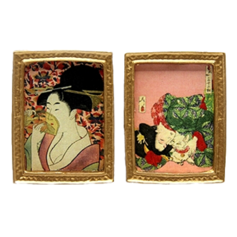 Dolls House 2 Japanese Woodblocks Picture Paintings Gold Frame 1:12 Accessory