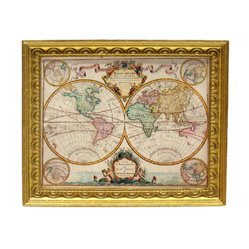 Dolls House Vintage World Map Painting Picture Gold Frame Miniature Accessory