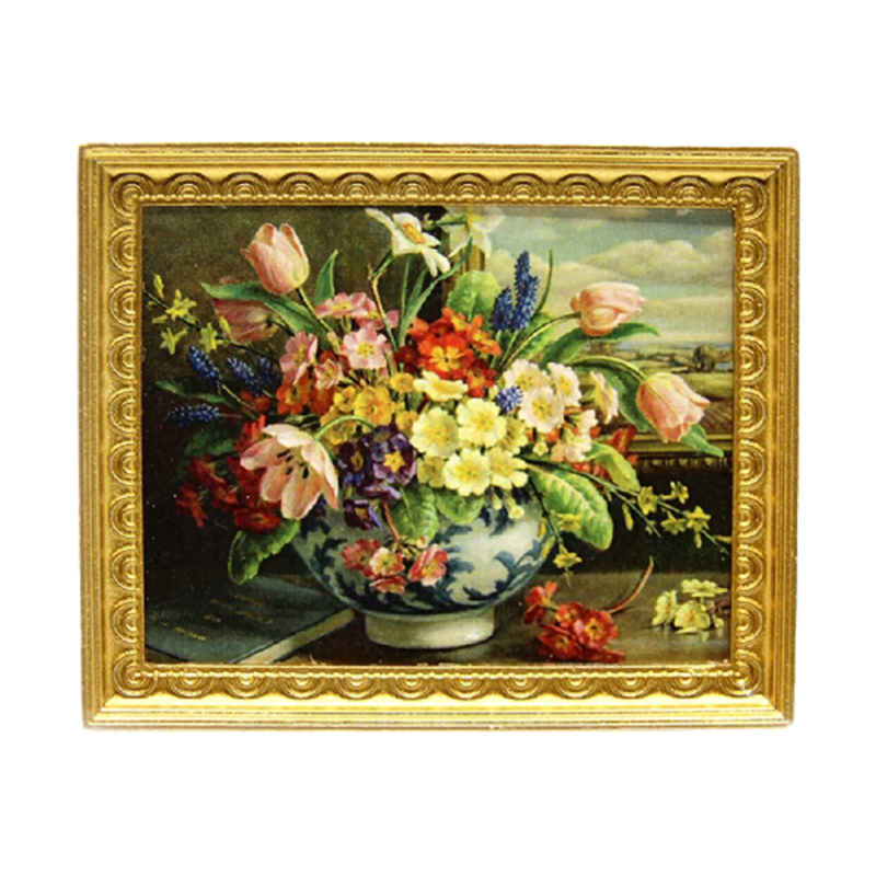 Dolls House Spring Flowers in Vase Picture Painting Gold Frame 1:12 Accessory