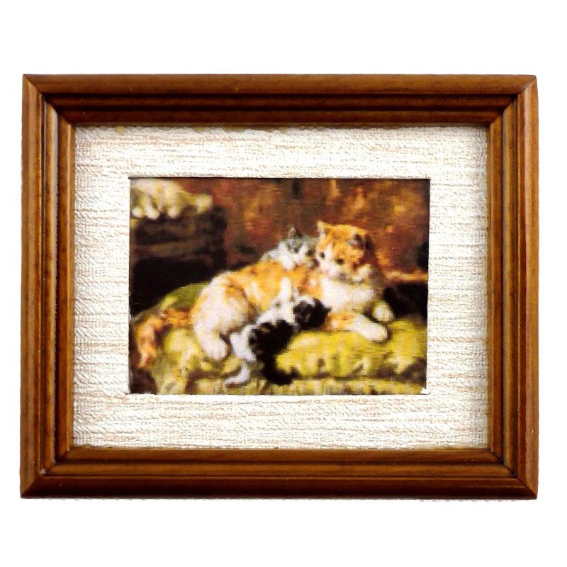 Dolls House Mother Cat Kittens Picture Walnut Frame Painting Miniature Accessory